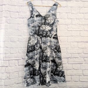 Folter Cemetery Print Fit and Flare Dress M Gray Black Graveyard Witchy Gothic